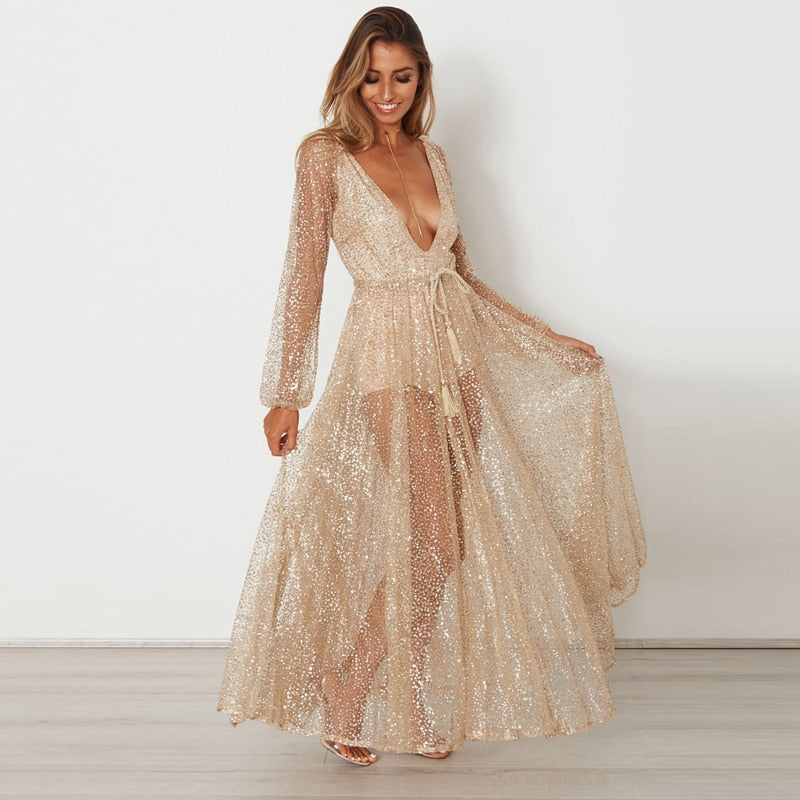 "Glitter Goddess" Sheer Maxi Dress - Gold