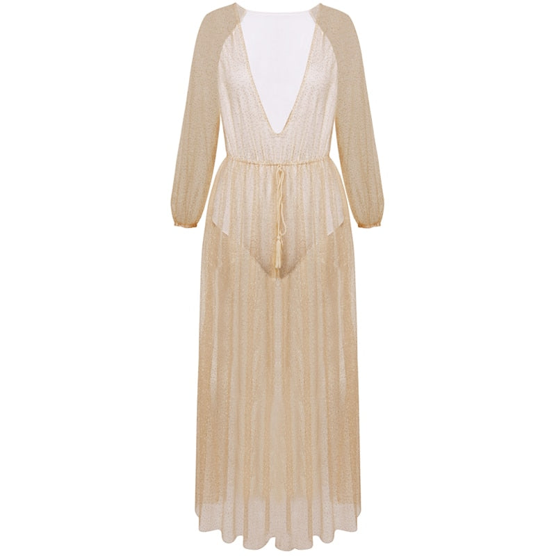 "Glitter Goddess" Sheer Maxi Dress - Gold