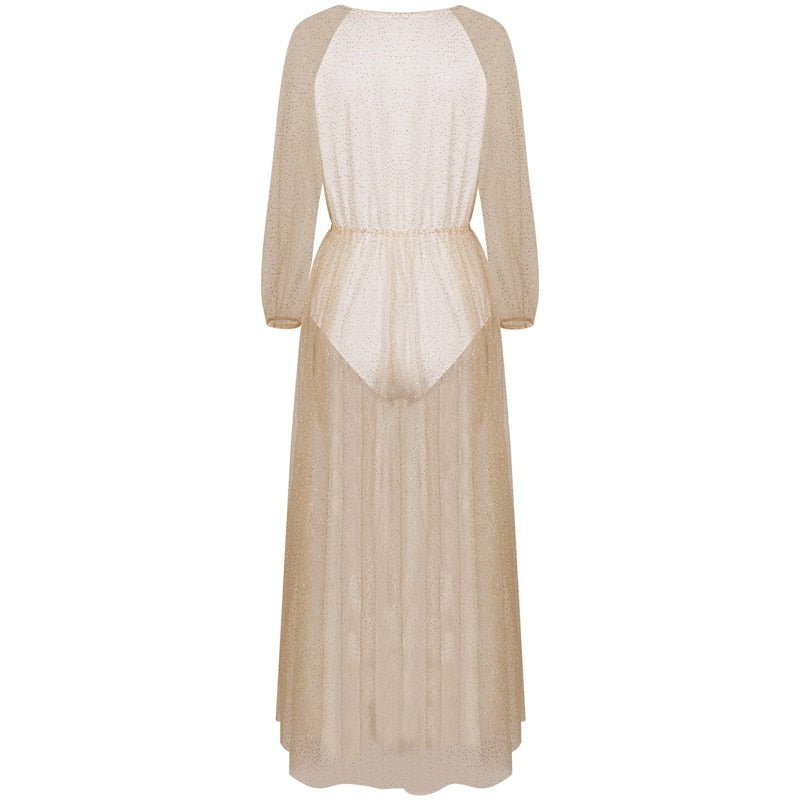 "Glitter Goddess" Sheer Maxi Dress - Gold