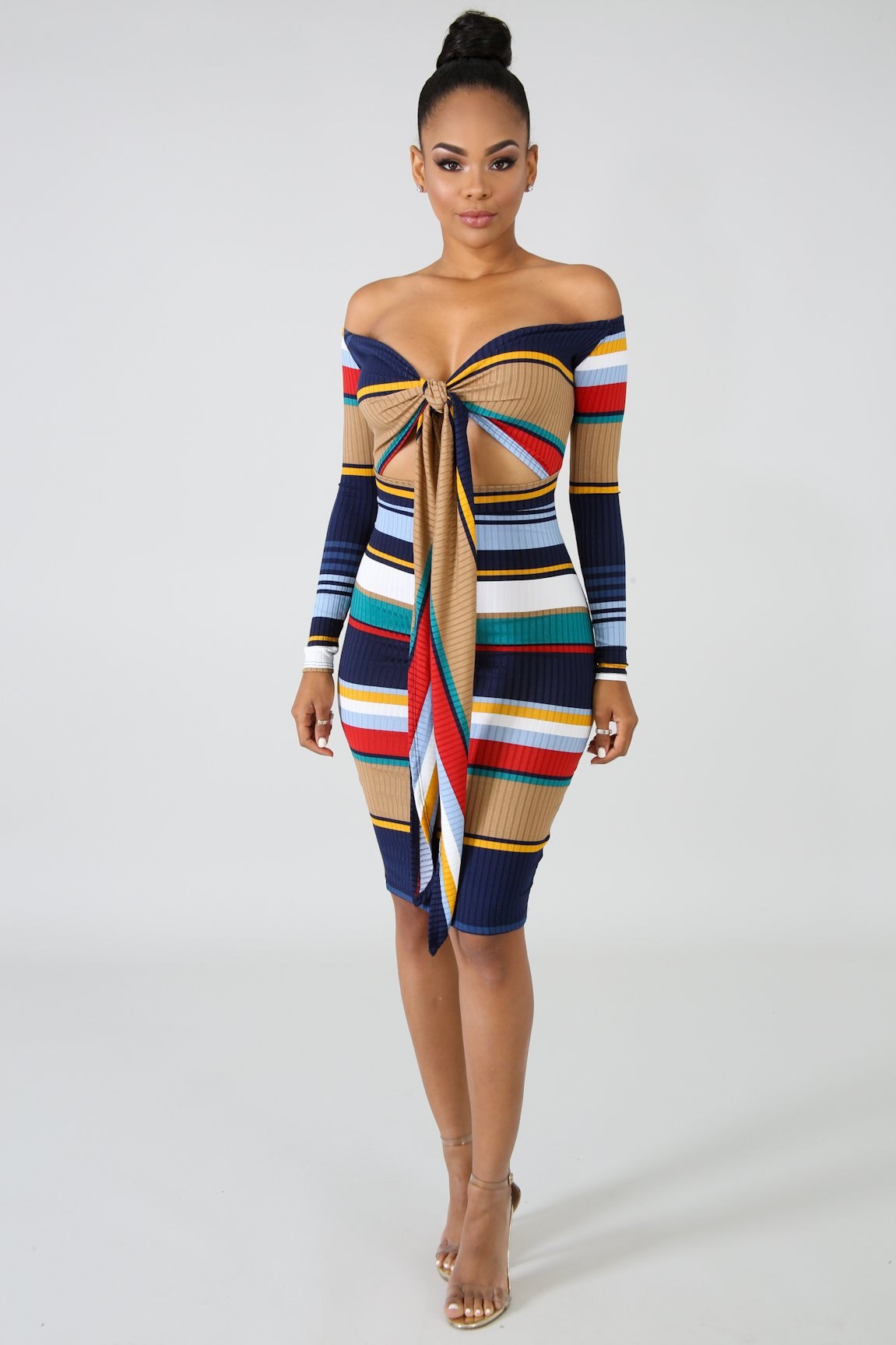 "Tight Stripez" Hollow Out Dress - Blue Multi