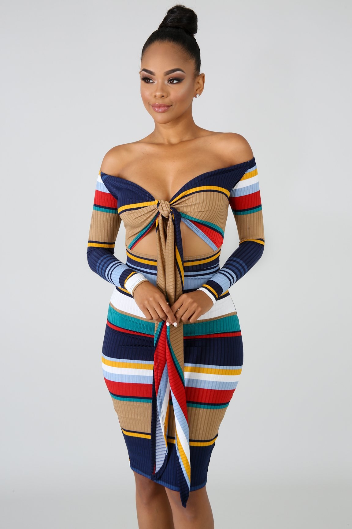 "Tight Stripez" Hollow Out Dress - Blue Multi