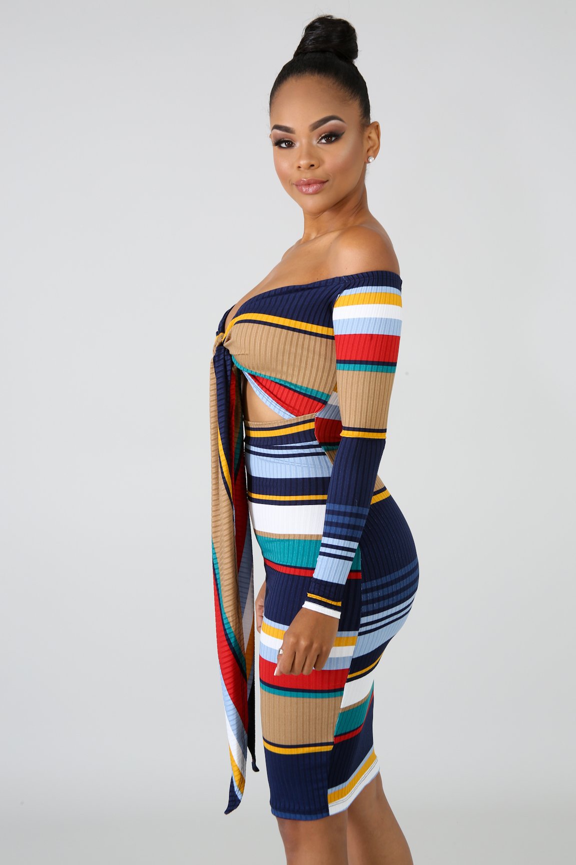 "Tight Stripez" Hollow Out Dress - Blue Multi