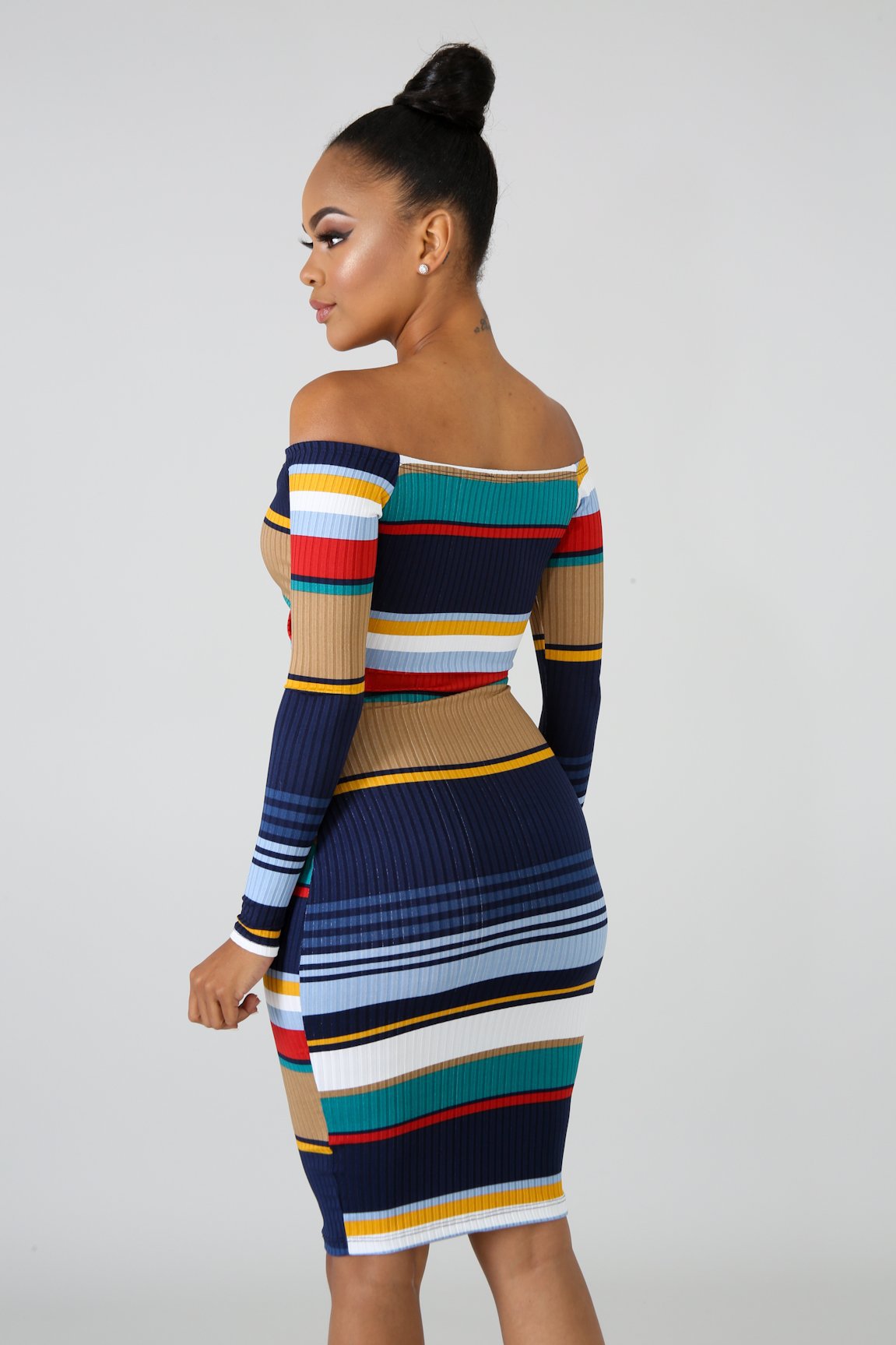 "Tight Stripez" Hollow Out Dress - Blue Multi